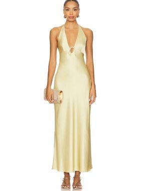 NIA Otis Dress Lemongrass Pale Yellow Satin Halter Tie-Front Maxi Revolve NWT L